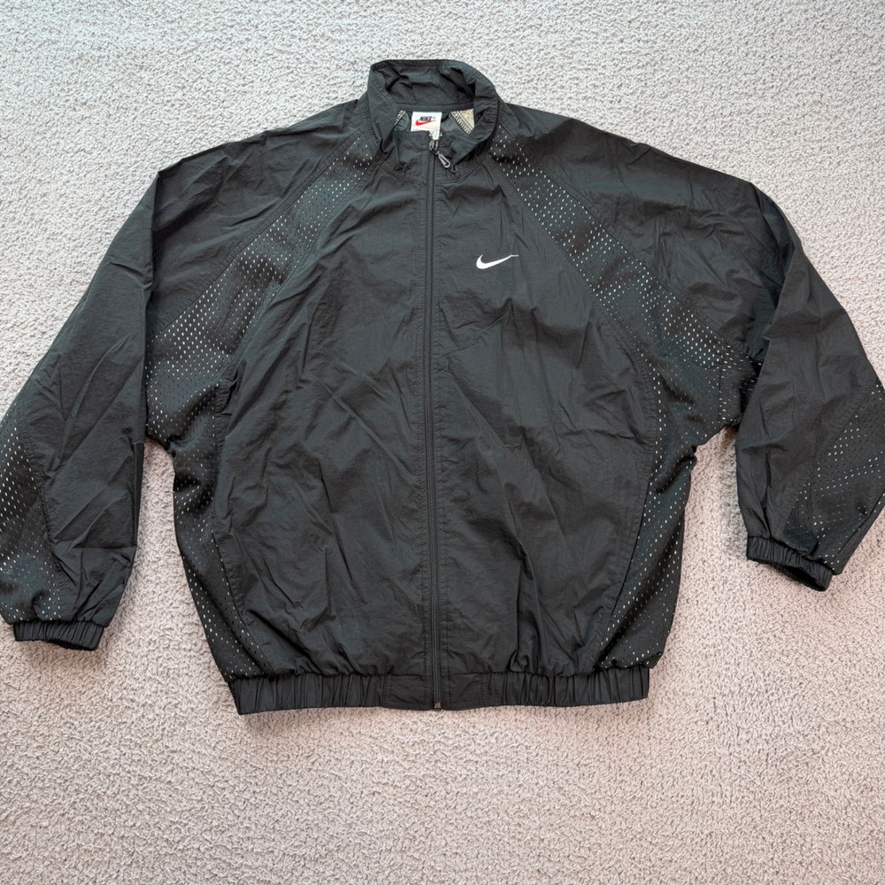 Vintage 2000s Nike Windbreaker Jacket Black Mesh Panel Big Swoosh Men L Full Zip